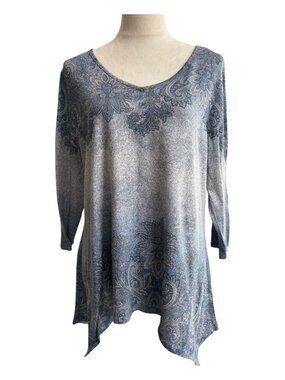 Emerge World Wear Paisley Tunic Top Size L Blue Gray 3/4 Sleeve (2663-1)